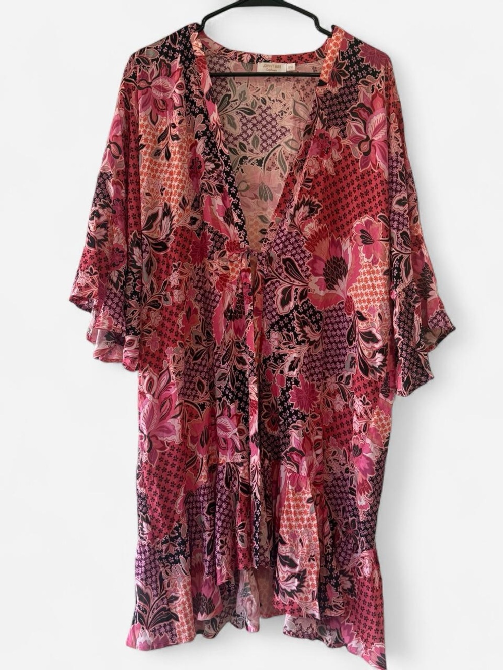 Johnny Was California Pink Floral Print Rayon Kimono Kaftan Top